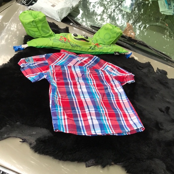 Quad Seven Boys Plaid Short Sleeves Button Up Down Shirt Red Blue Pockets Collar - Picture 7 of 10